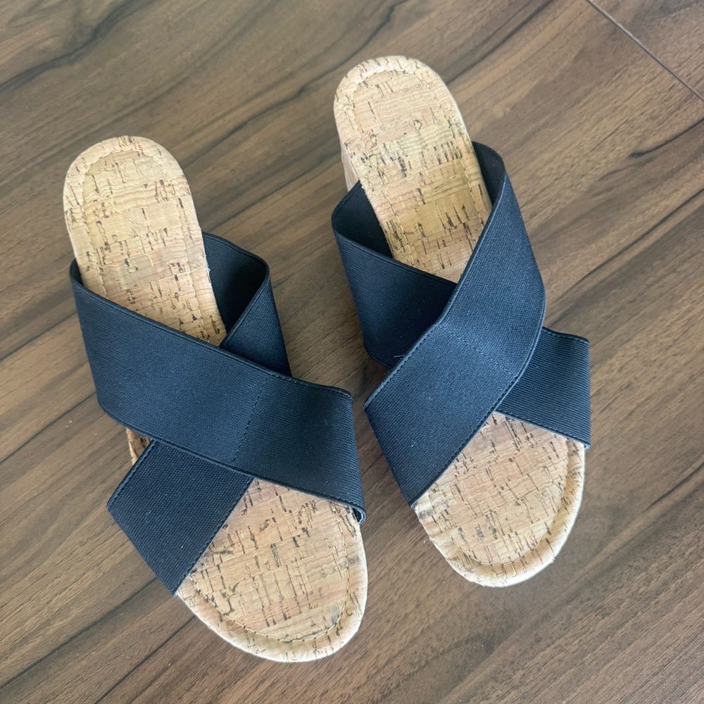 Women's Black Strap Cork Heeled Sandals Wedges